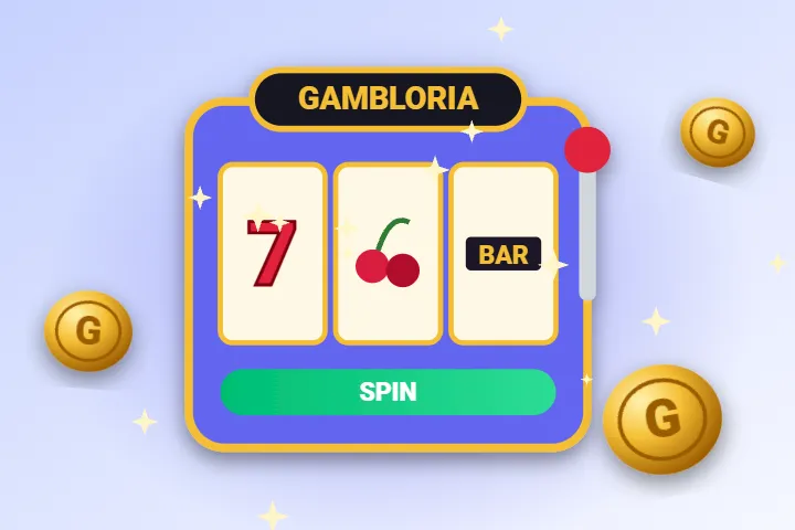 Sloty demo w casino Gambloria Casino Gambloria – ilustracja automatu Gambloria z bębnami 7, wiśnie i BAR oraz złotymi monetami